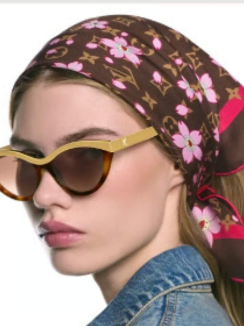 Source Unknown Fashion Brown Silk Scarf with Pink Floral and Gold Motif🆕✨🤎